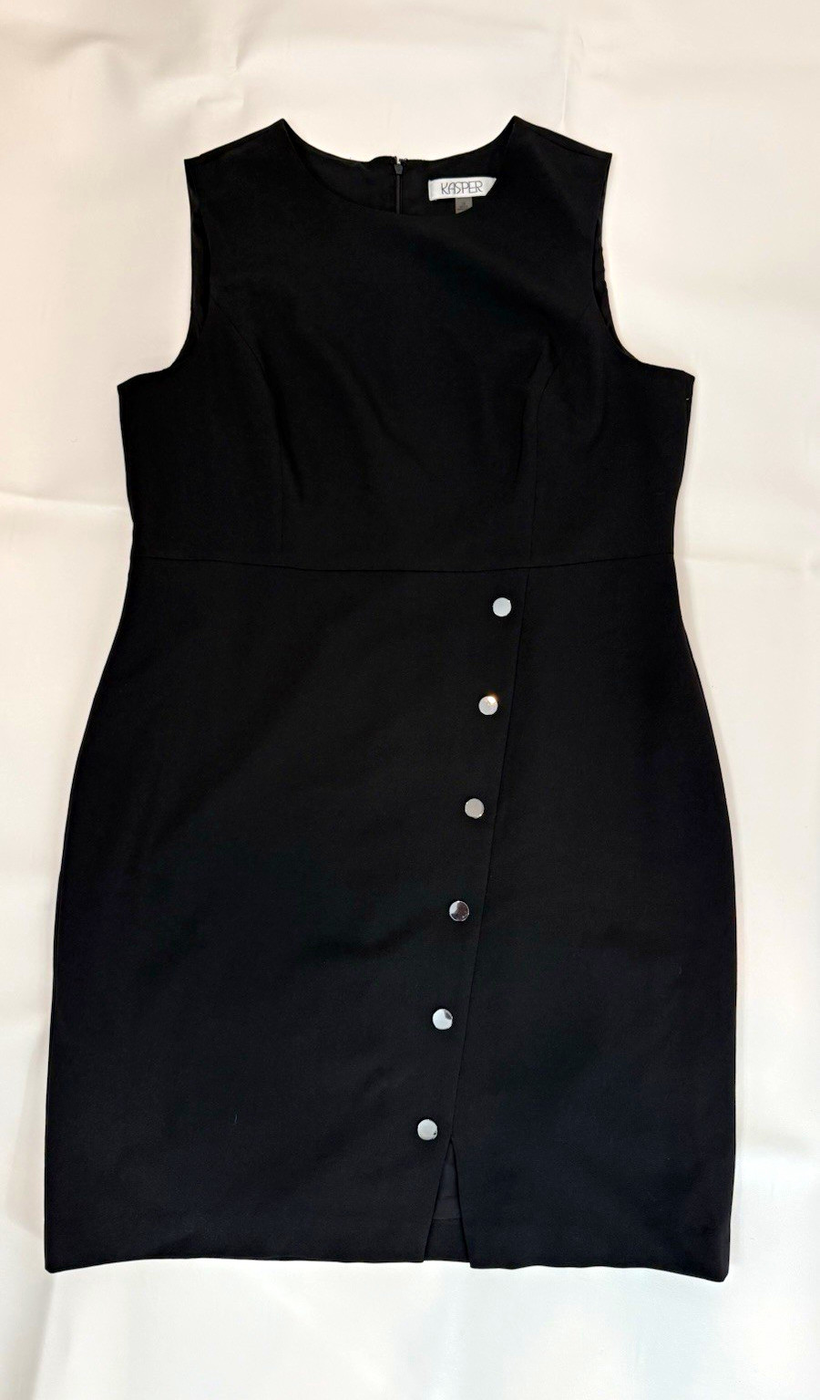 Kasper Black Sleeveless Sheath Dress Plus 18 Knee Length Slit Button Zip Kasper Black Sleeveless Sheath Dress Plus 18 Knee Length Slit Button Zip