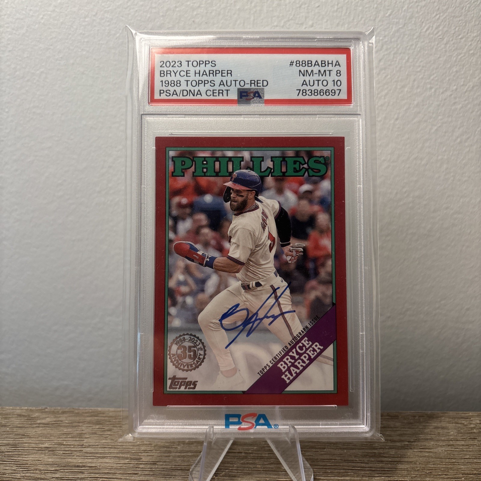 2023 Topps Bryce Harper 1988 Auto Red /25PSA 8 Auto 10 Phillies #88BABHA