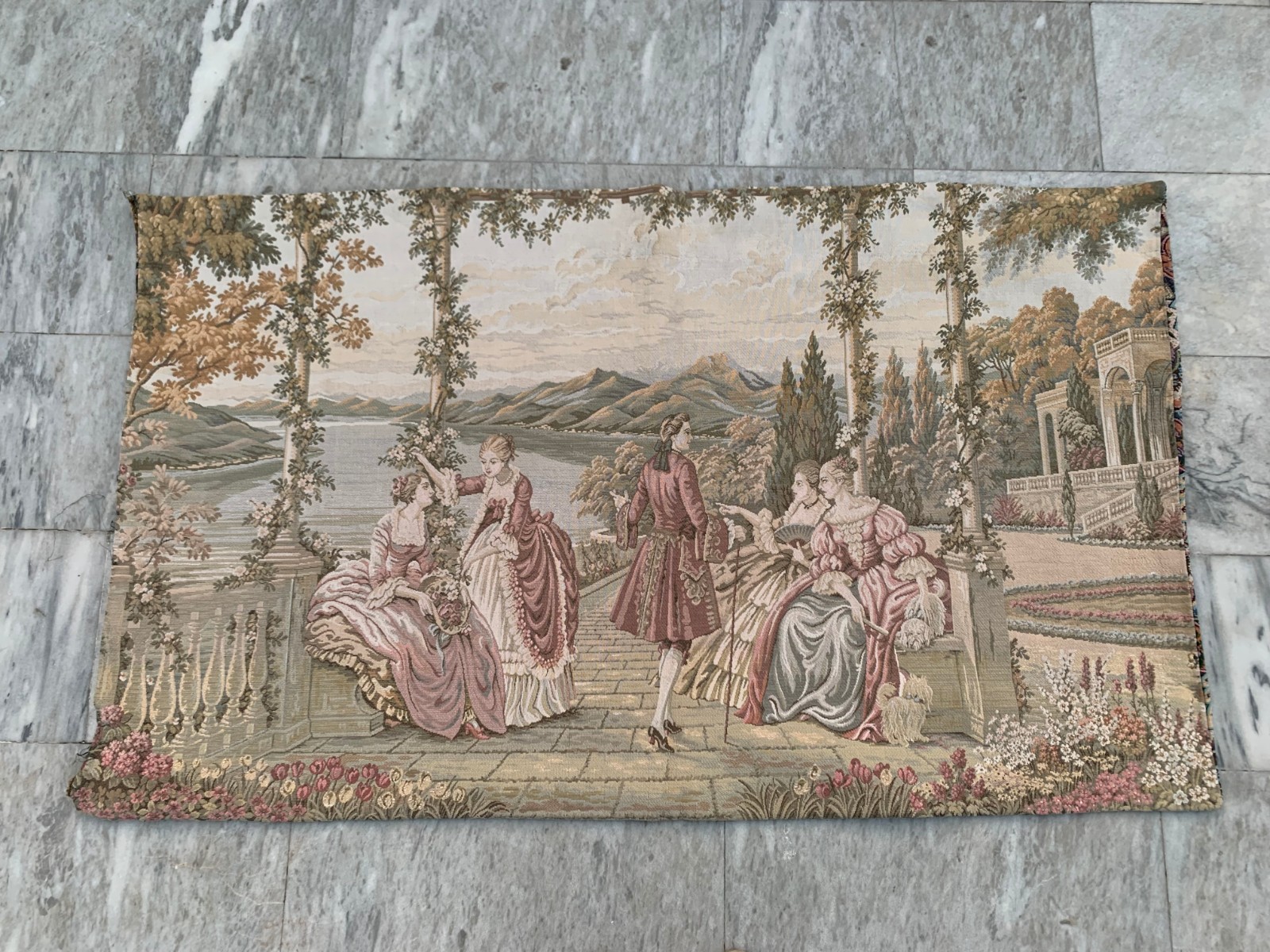 Vintage French Pictorial Tapestry Wall Hanging Romantic European Scene Large