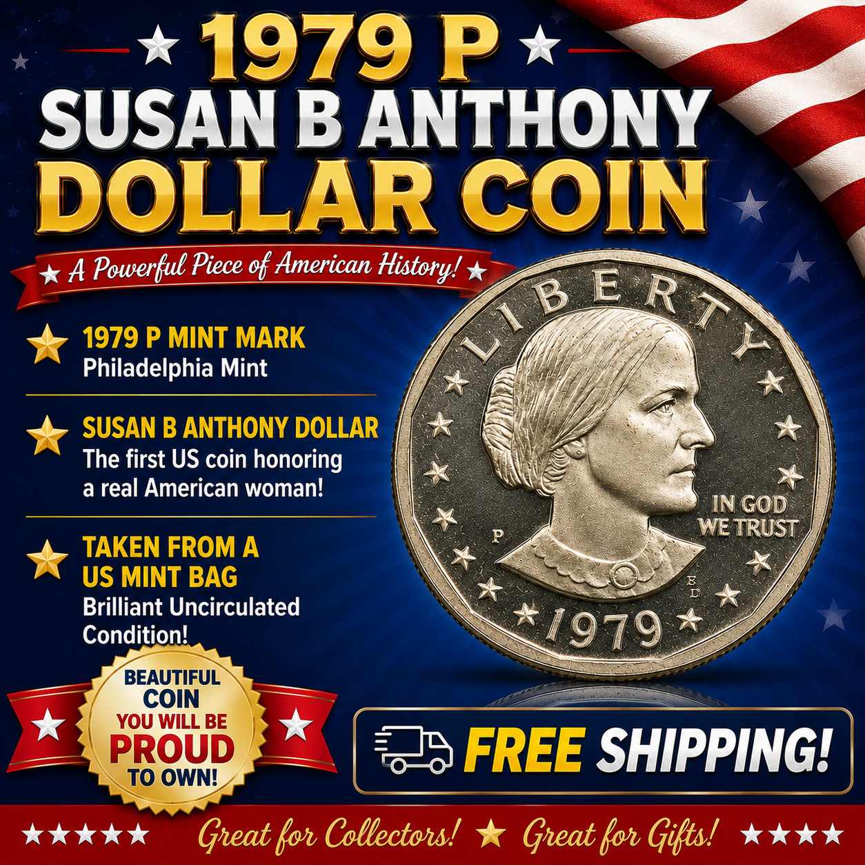 1979 P Susan B Anthony Dollar -UNC--Free Ship-Not a Proof Coin
