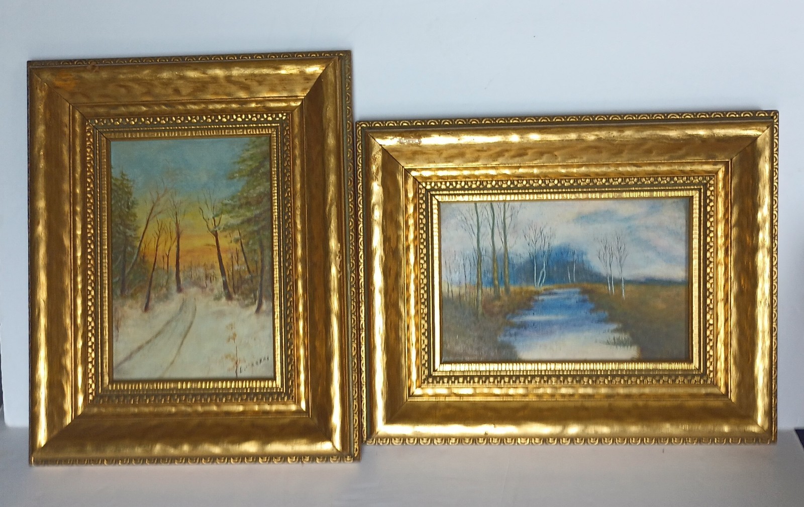 2 Original Oil Paintings Winter Scenes On Board Fancy Ornate Gold Frames Signed