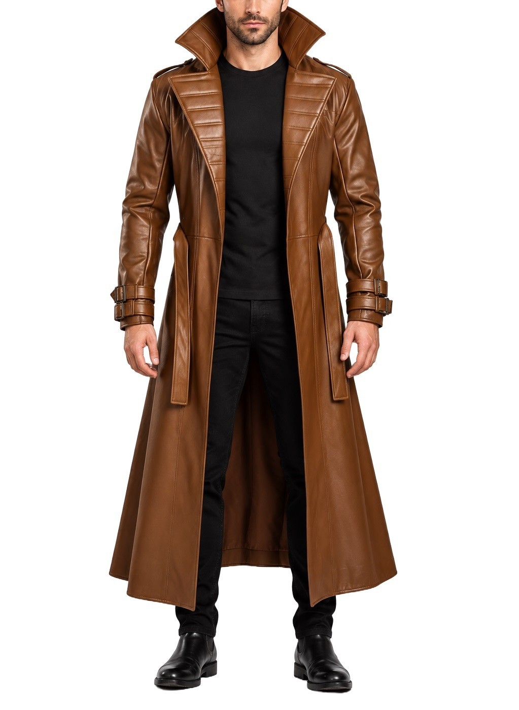 Mens Halloween Cosplay Costume Brown Trench Coat Long Length Lapel Collar
