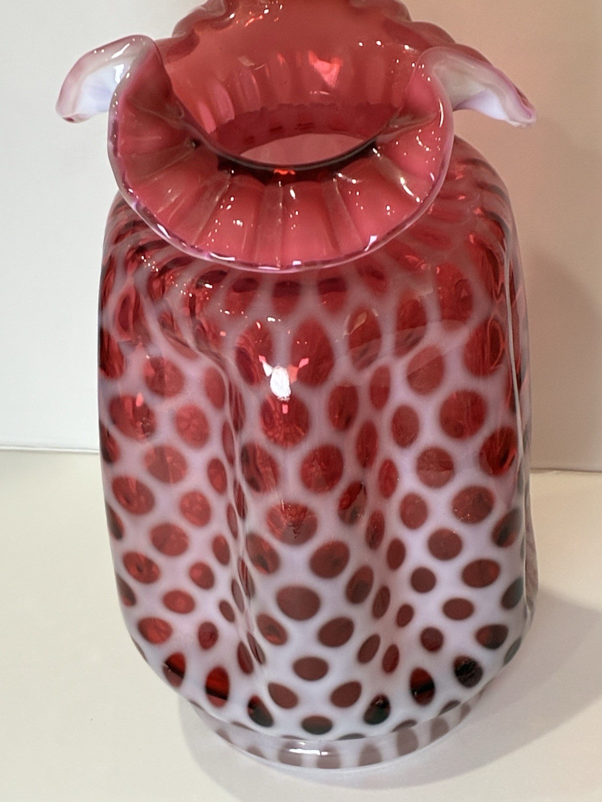 Fenton Glass Bubble Optic Coin Dot, Pinched Vase, C95531, Cranberry Opalescent