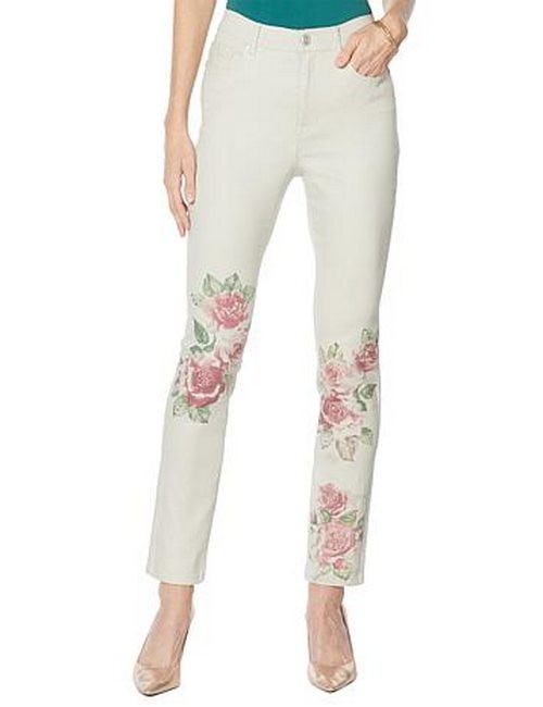 DG2 Diane Gilman Jeans 16W Khaki Rose Classic Stretch Artwork Printed Avg New