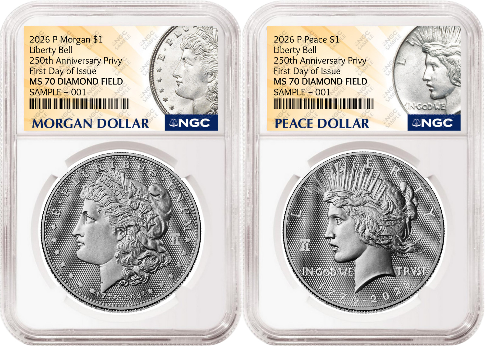 2 Coin Set 2026 Morgan Peace Diamond Field 250 Privy NGC MS70 FDOI MP Presale