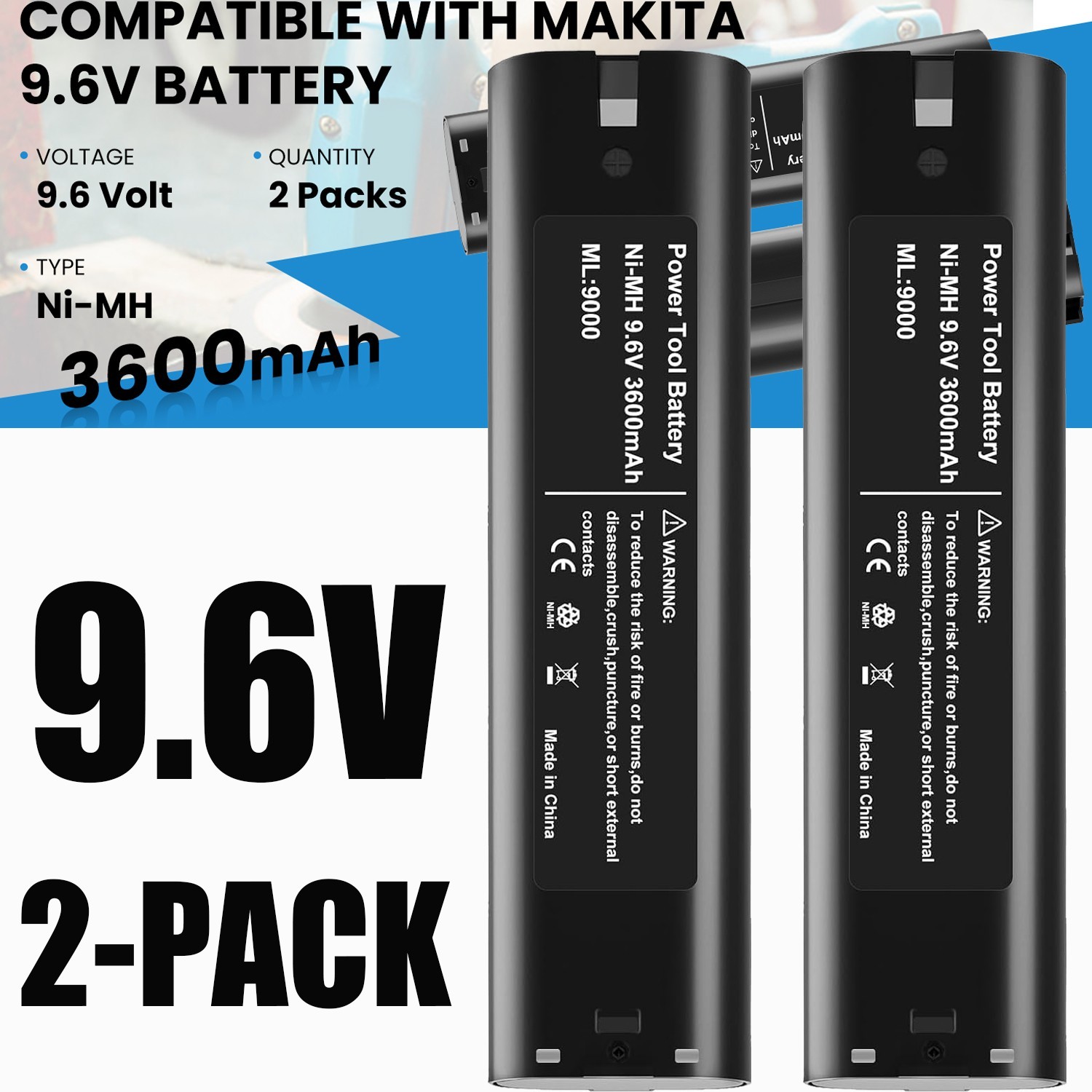 2PACK 9.6V Ni-MH Battery for Makita 9000 9001 9002 9033 9034 632007-4 6095D NEW