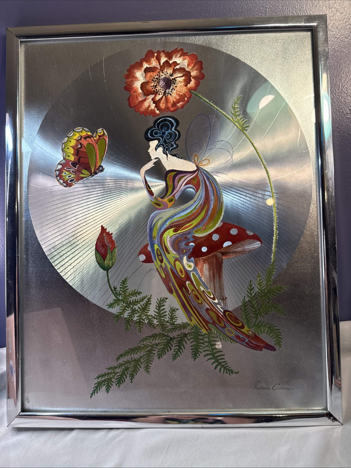 Vintage 1970s Michelle Emblem Foil Art Poppy Nymph Signed Framed Fairy Mushroom