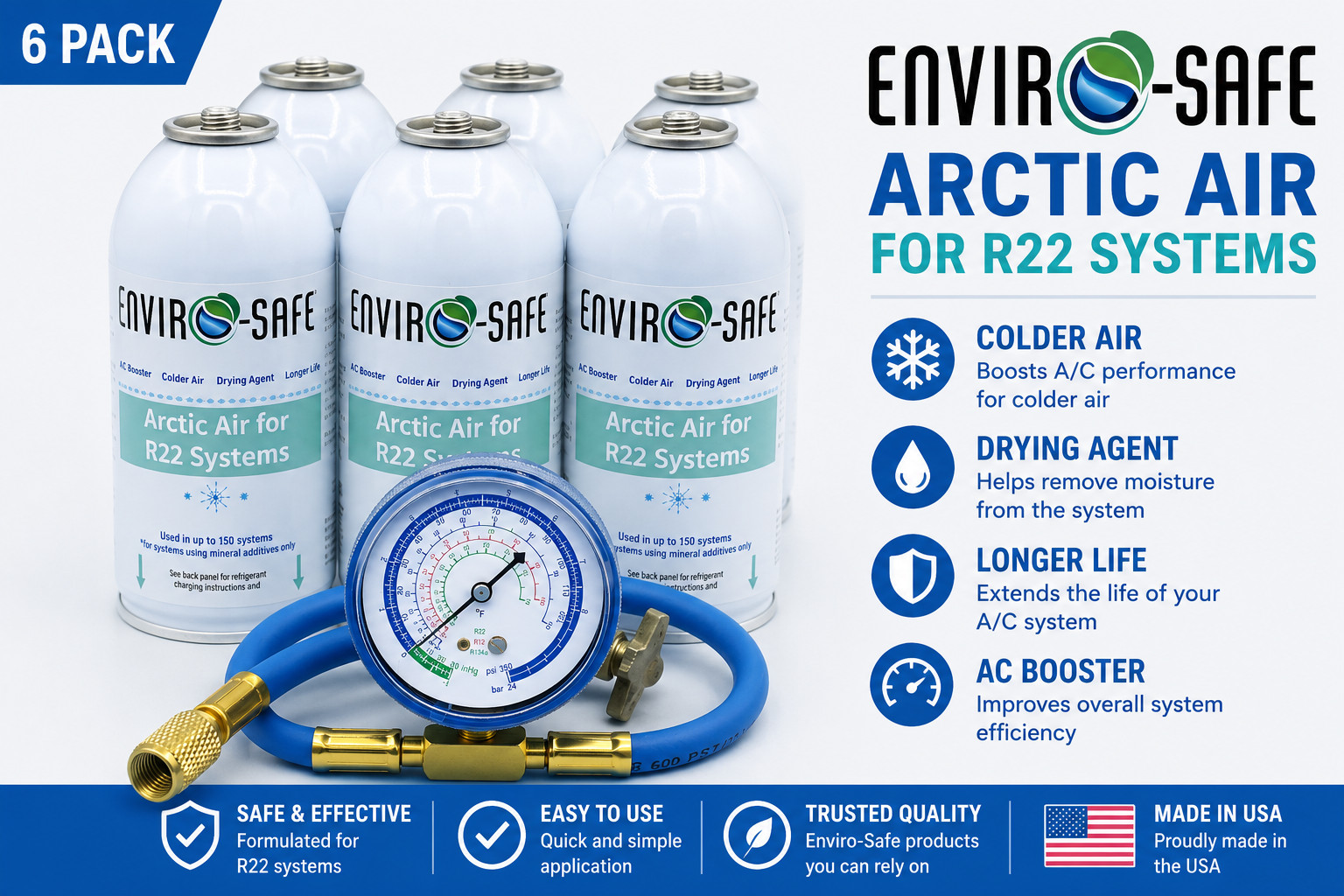 Envirosafe Arctic Air for R22, AC Support (6) 4 oz cans and gauge