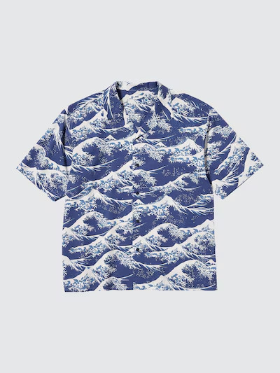 Uniqlo Japanese Open - Collar Shirt Edo Ukiyoe Relax Fit Hokusai From Japan