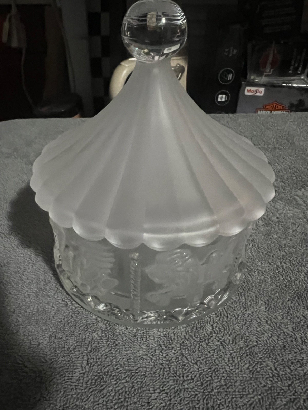 Vintage Frosted Glass Carousel Candy Dish w/ Tent Lid, Made by Goebel in Germany