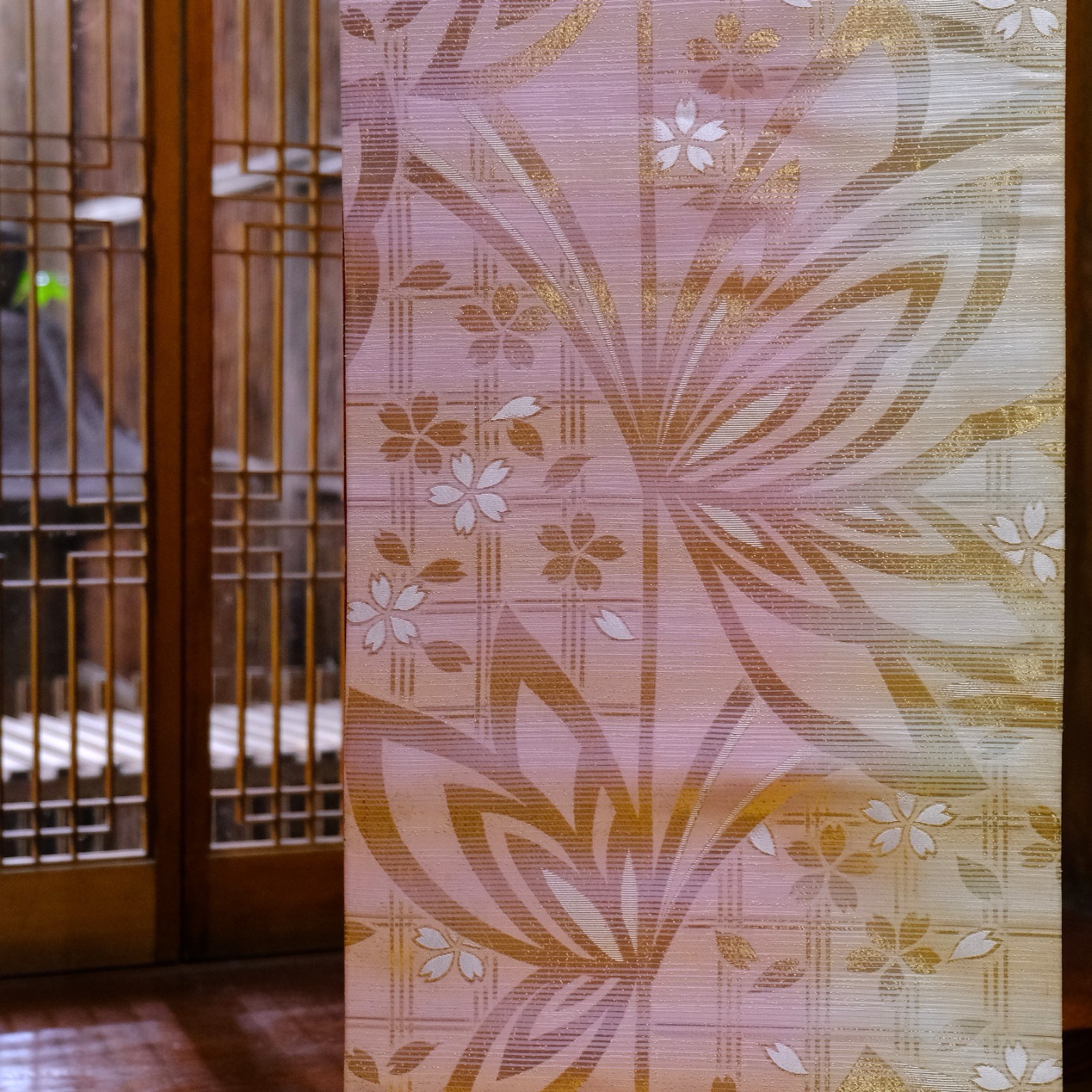 Japanese Vintage Silk Fukuro Obi Butterfly Sakura Pink Gold Kimono Sash