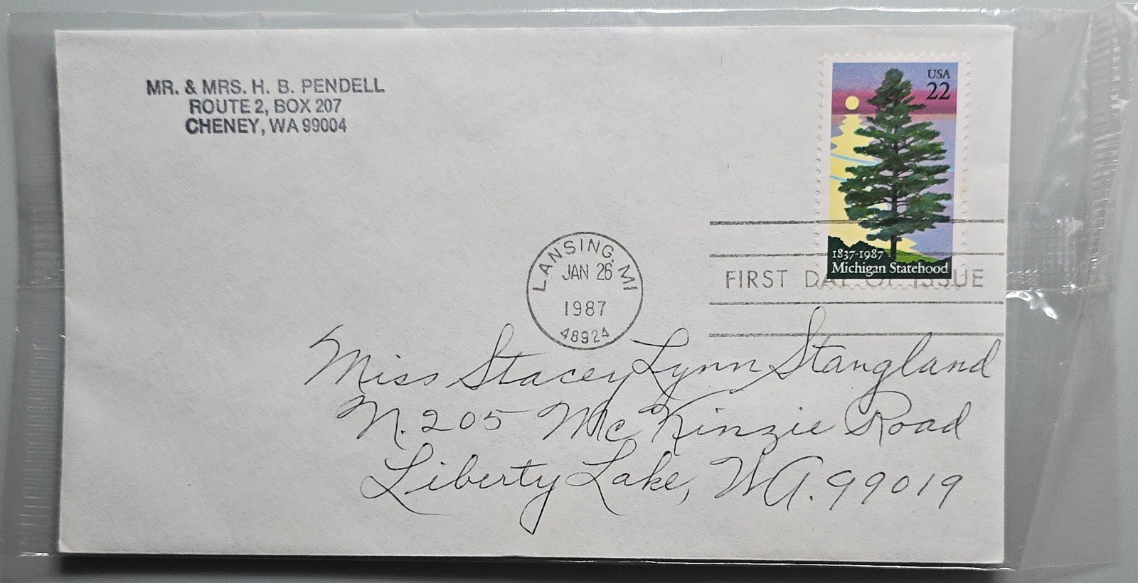 1987 Michigan Statehood 22¢ First Day Cover Lansing MI Jan 26 1987 FDC