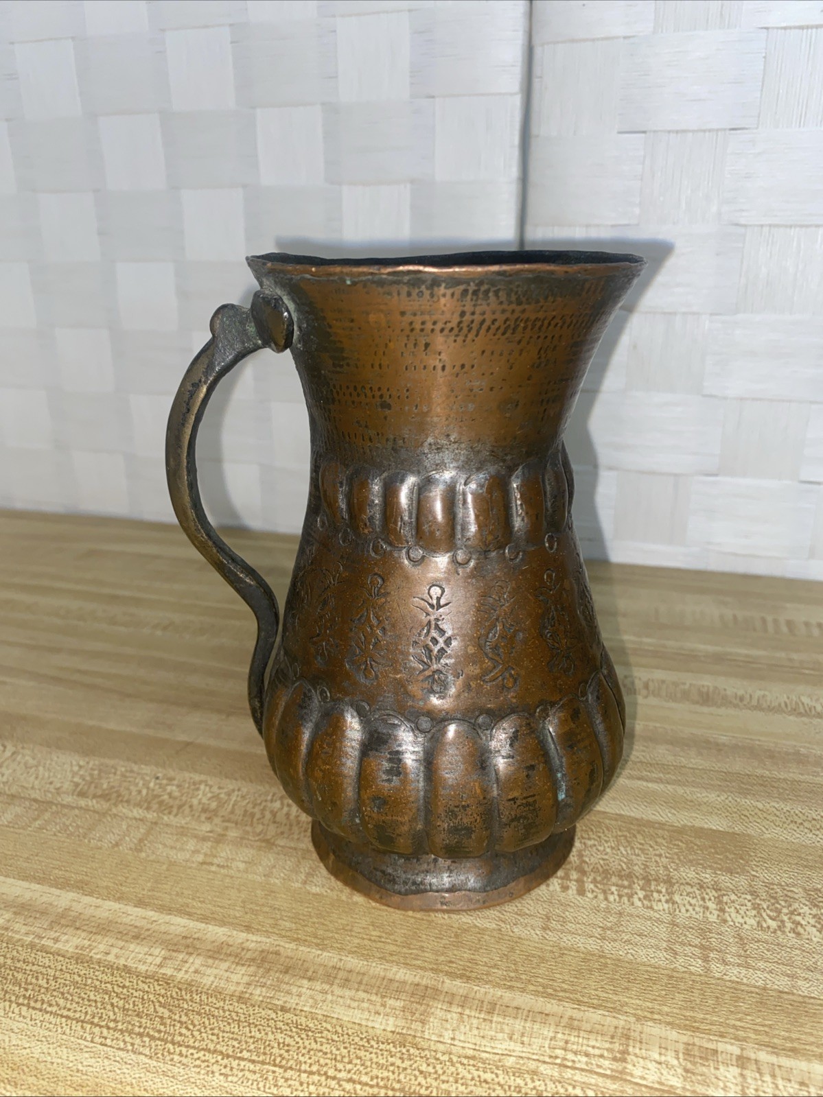 Antique Handmade Copper Bronze Arabic Style Pitcher D Handle Hand Hammered 6.5”