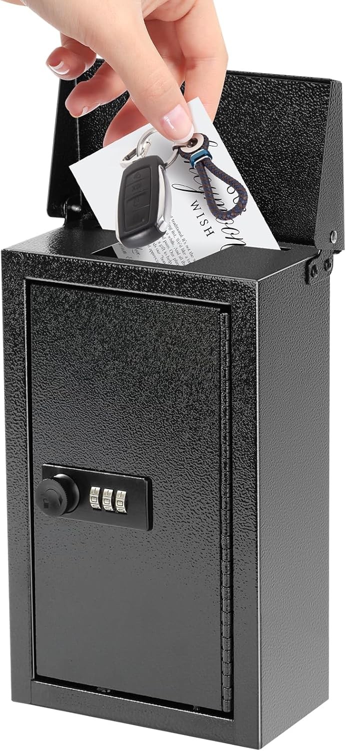 XYDLED Wall-Mounted Key Drop Box with Combination Lock, Metal, Black XYDLED Wall-Mounted Key Drop Box with Combination Lock, Metal, Black