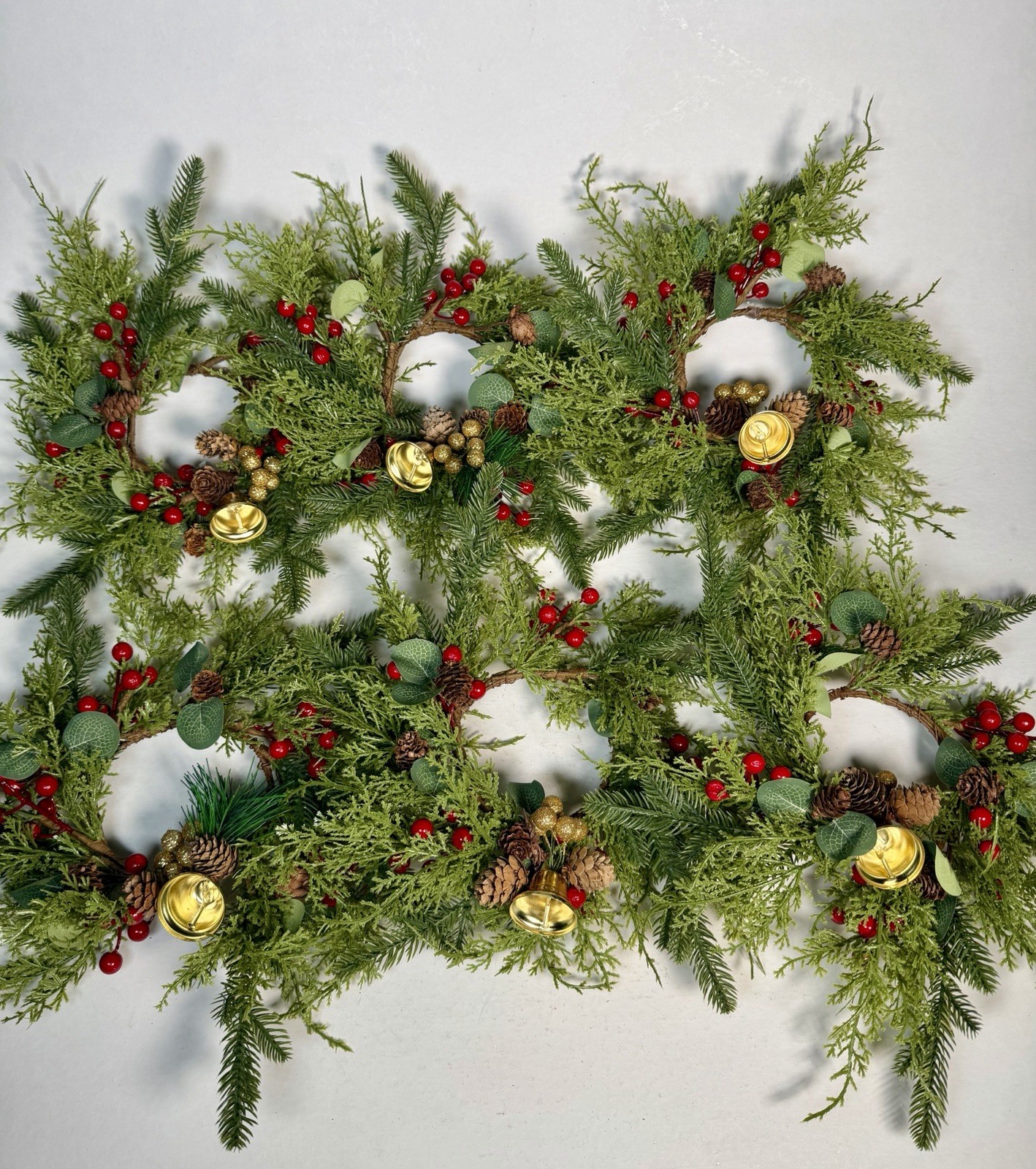 Christmas Mini Wreaths Set of 6 Evergreen Berries Pinecones Gold Bells Decor