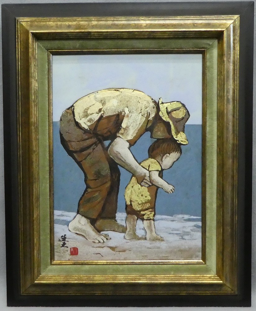 Kazuo Omori Nagisa Beach Japanese Nihonga Painting F4 Framed Signed Authentic