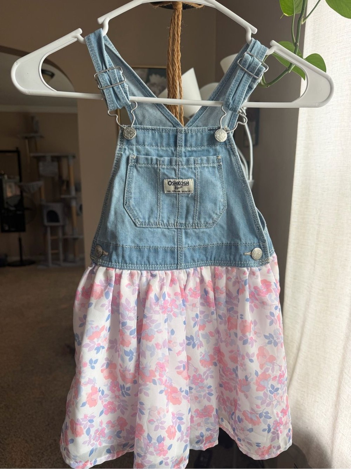 OshKosh B\'gosh Light Denim Top with Pink & Blue Floral Skirt Overall Dress