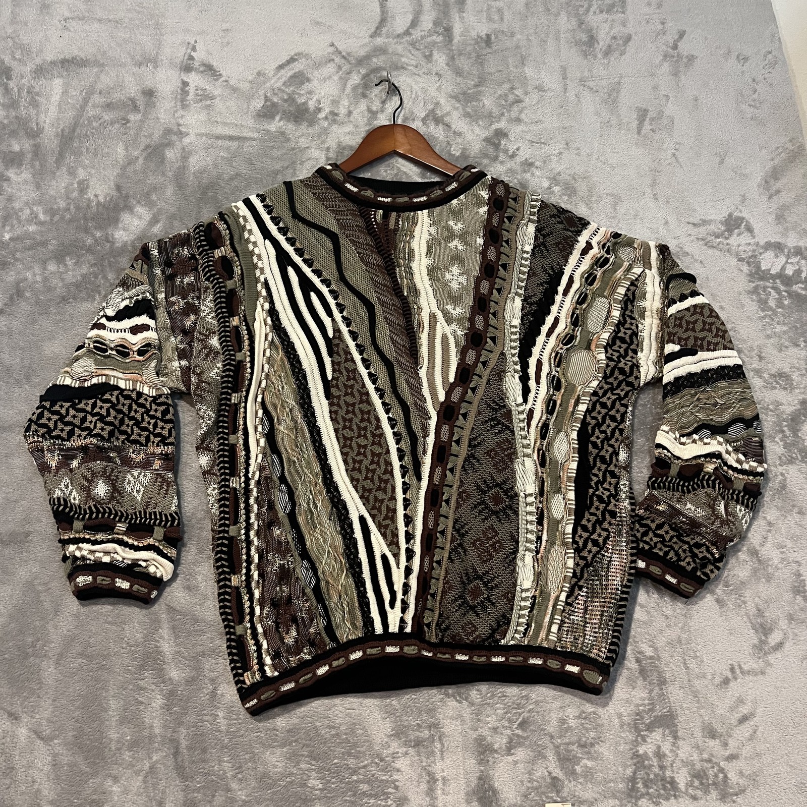 Baracuta By Tundra Sweater Mens XL Brown 3D Knit Geometric Crewneck Pullover