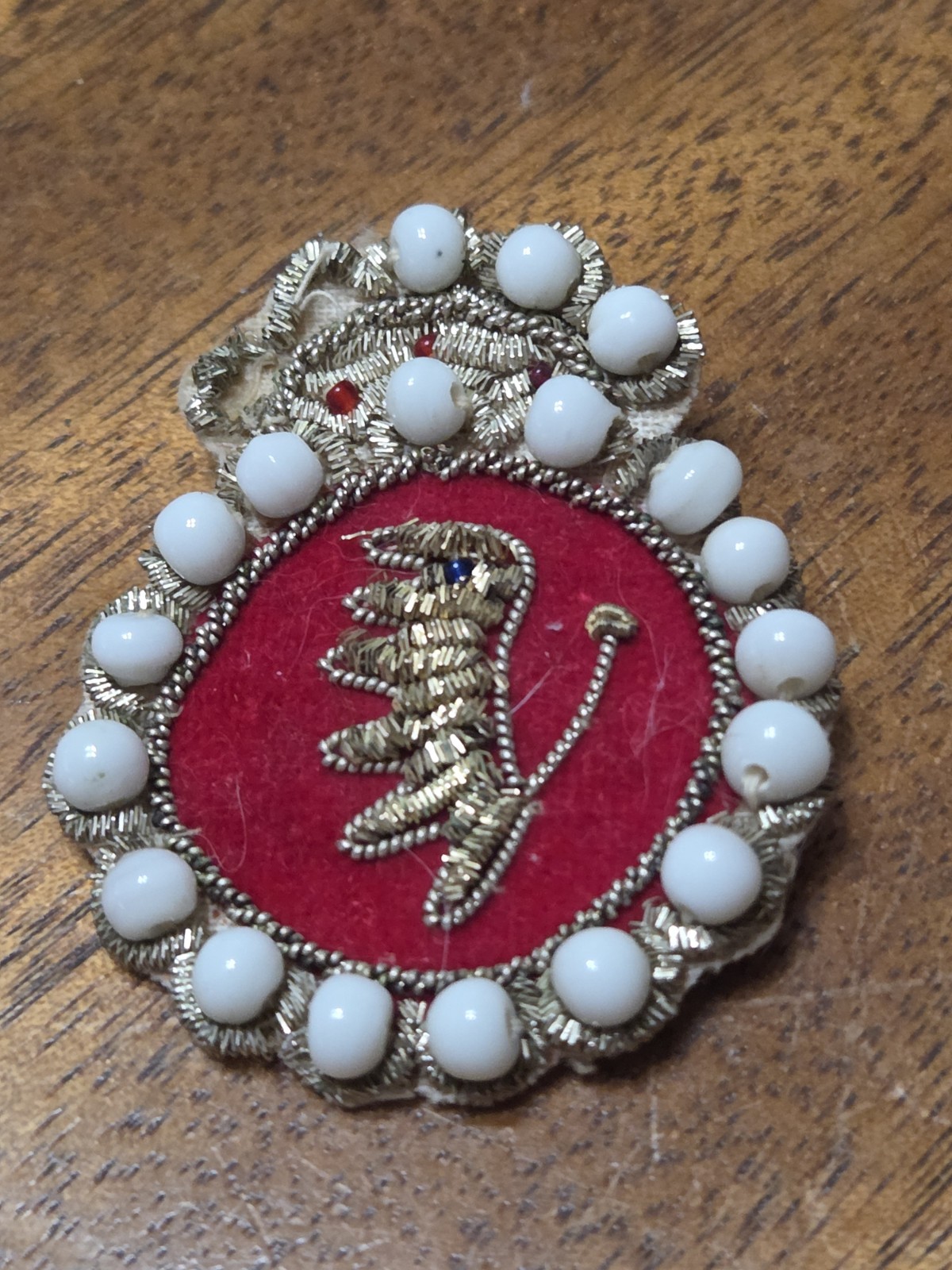 Late 1800's Victorian Embroidered Lions Broach Marked Late 1800's Victorian Embroidered Lions Broach Marked