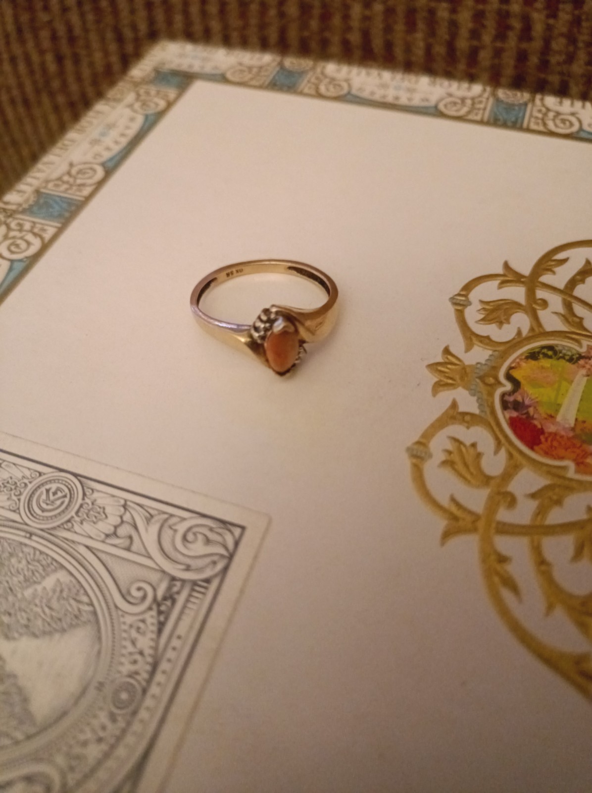 10K Yellow Gold ring Pink Coral Cocktail Ring Signed Size 6.5 2mm 10K Yellow Gold ring Pink Coral Cocktail Ring Signed Size 6.5 2mm