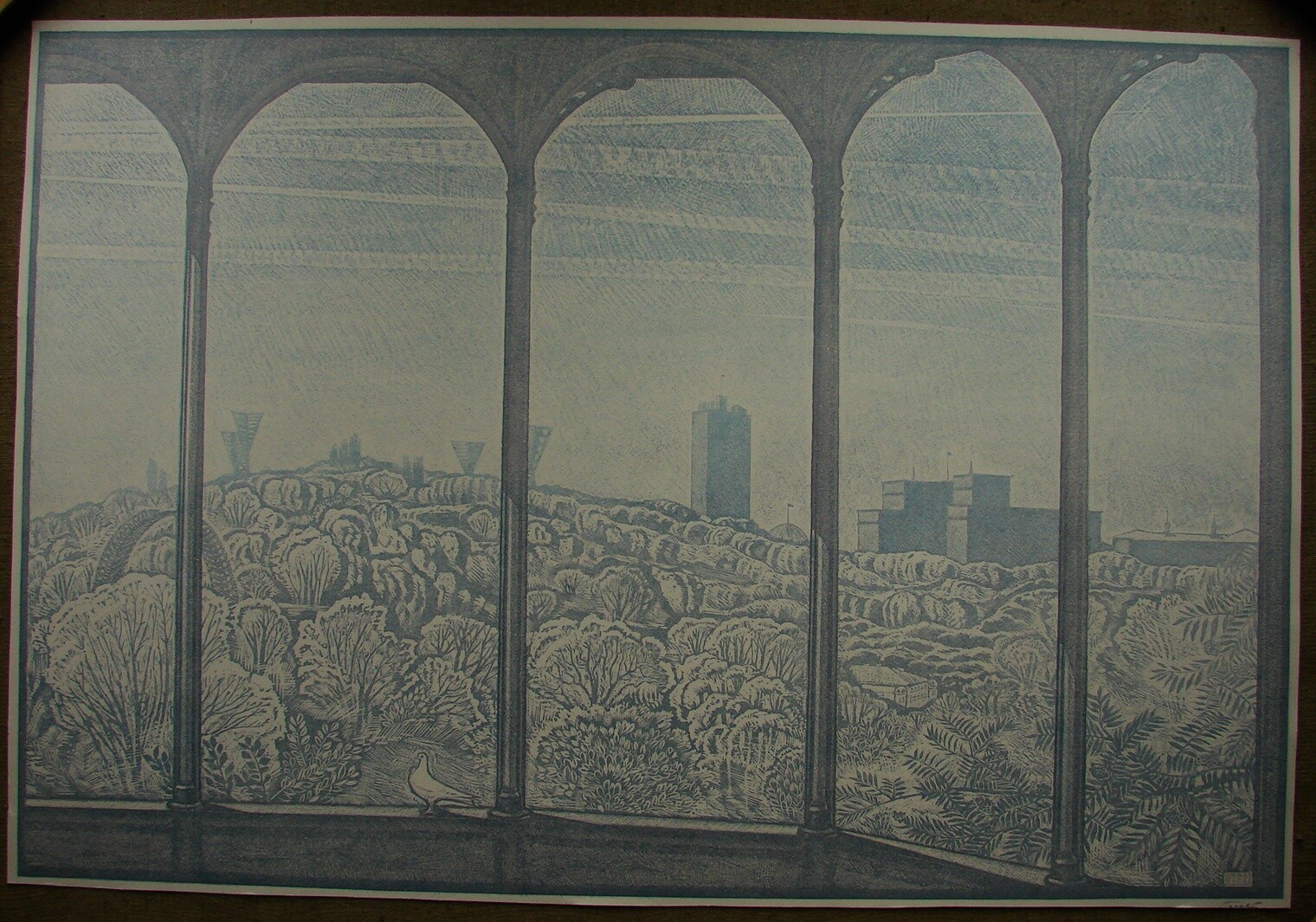 Ukrainian Soviet Linocut engraving symbolism City panorama Kyiv pigeon