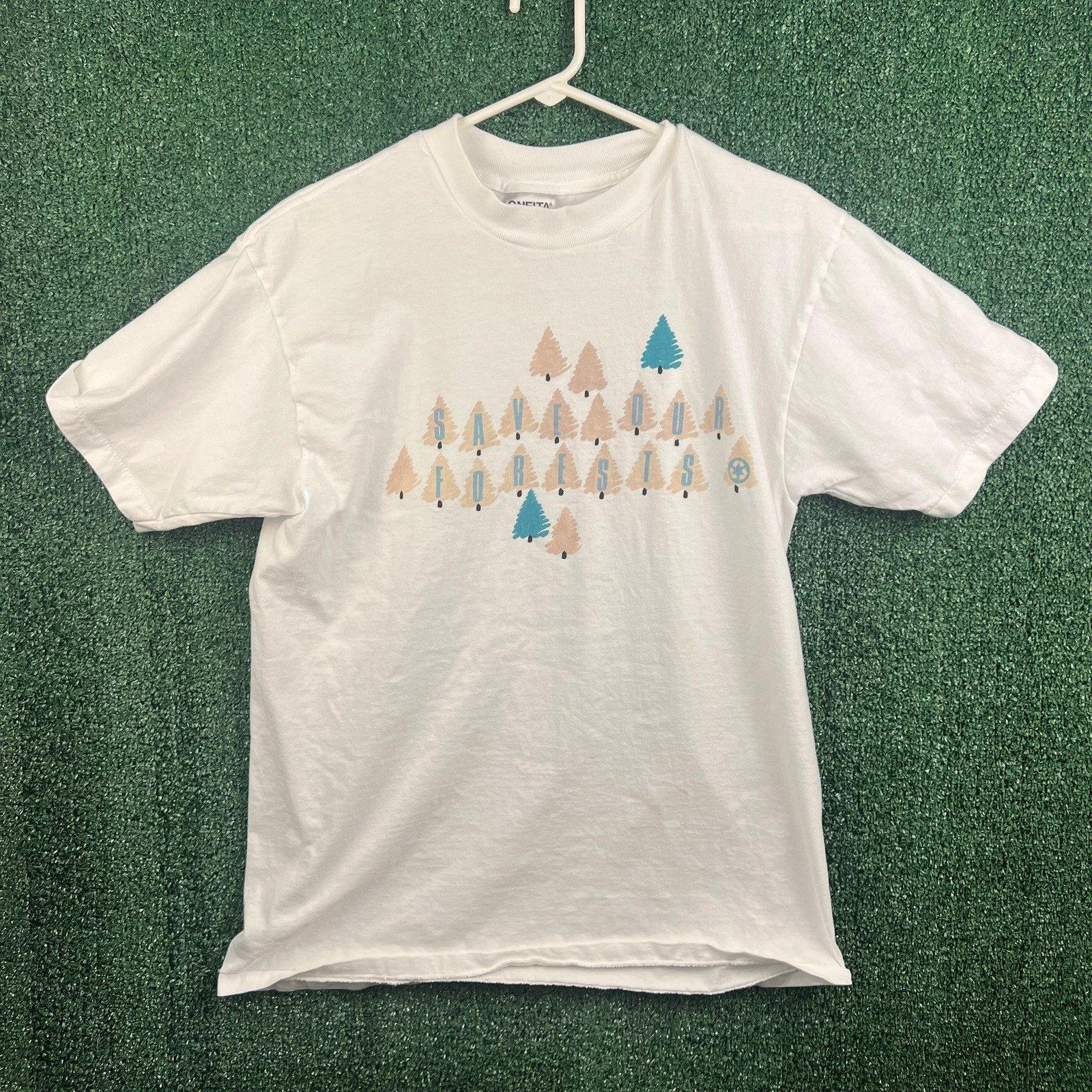 Vintage Oneita Power-T Save Our Forests T-Shirt White Large 90s Single Stitch Vintage Oneita Power-T Save Our Forests T-Shirt White Large 90s Single Stitch
