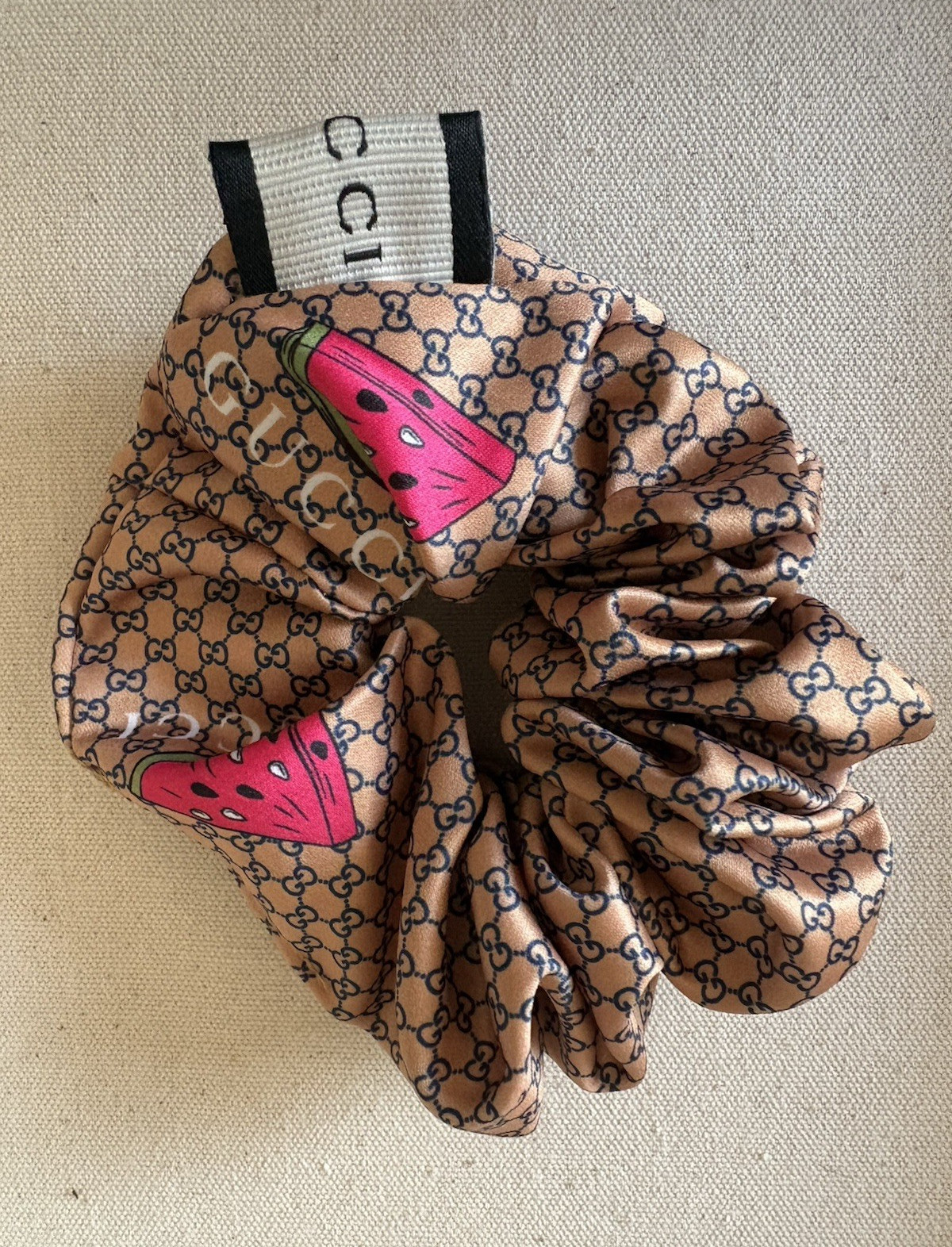 Gucci Beige GG Monogram Watermelon Print Fabric Hair Scrunchie Hair Tie
