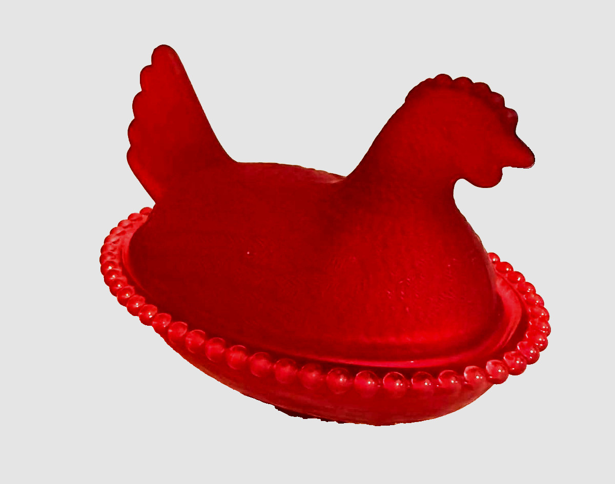 Vtg Frosted Ruby Red Glass Hen on Nest Covered Dish Vtg Frosted Ruby Red Glass Hen on Nest Covered Dish