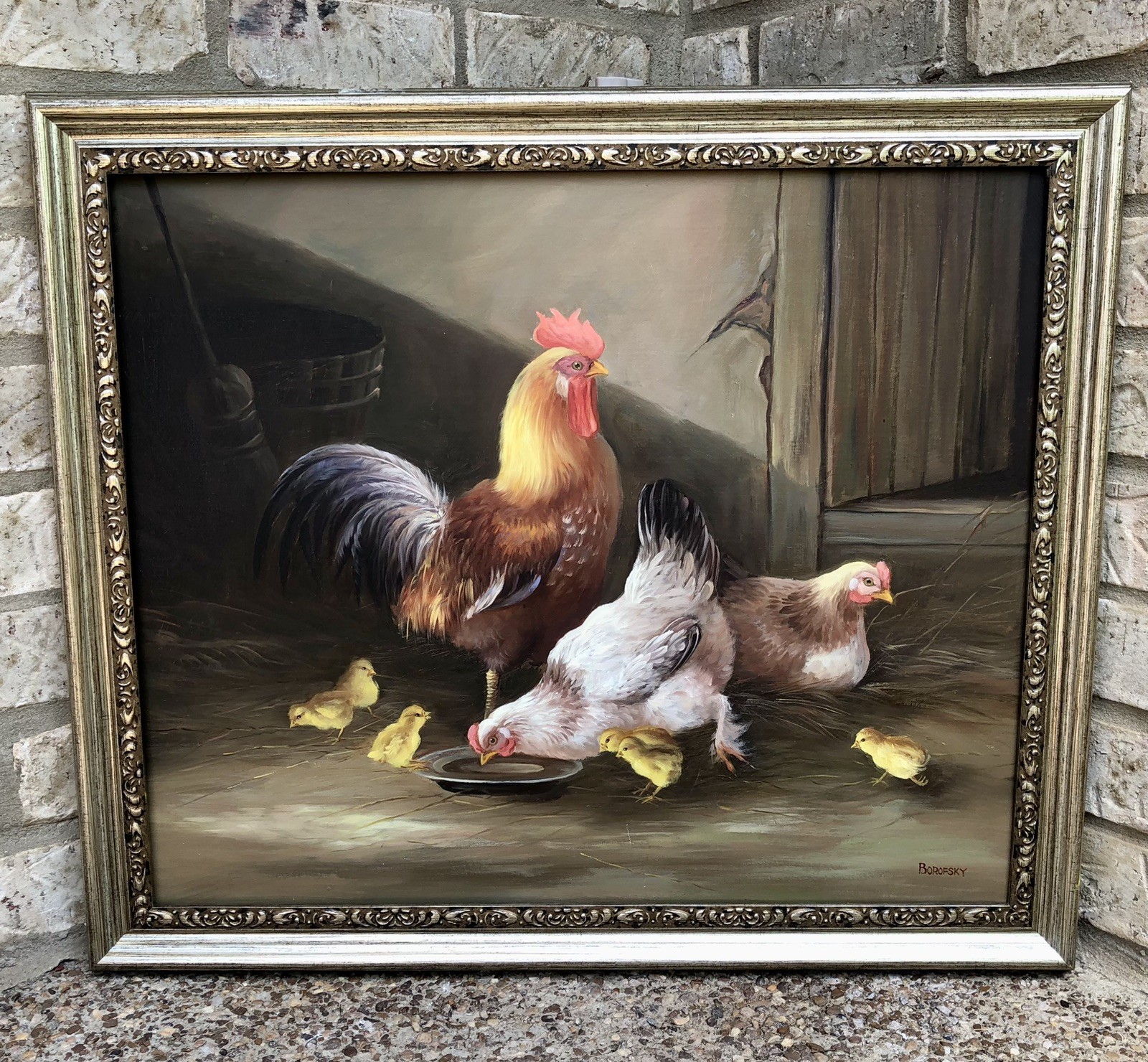 Borofsky Original Oil Painting Chickens Rooster Large 24x27 Framed Mint Condit
