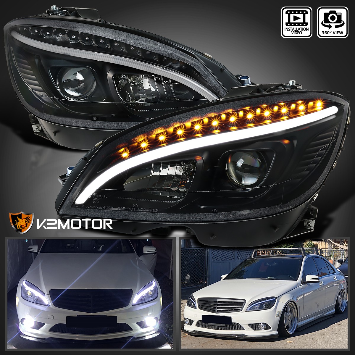 Black Fits 2008-2011 Mercedes Benz W204 Projector Headlights LED Signal Lamps