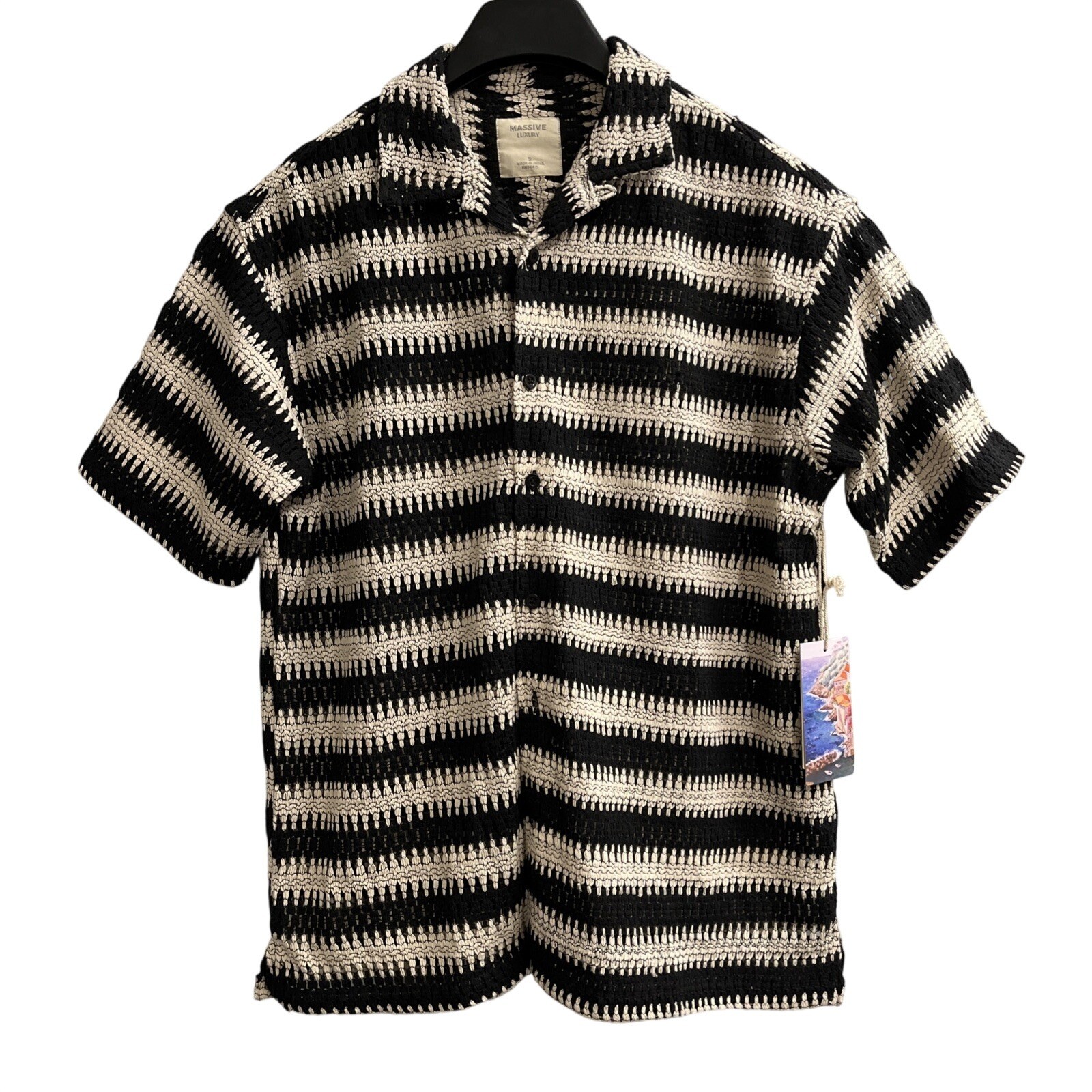 Massive Luxury Shirt Black White Crochet Knit Button Down Size S Boho Vacation