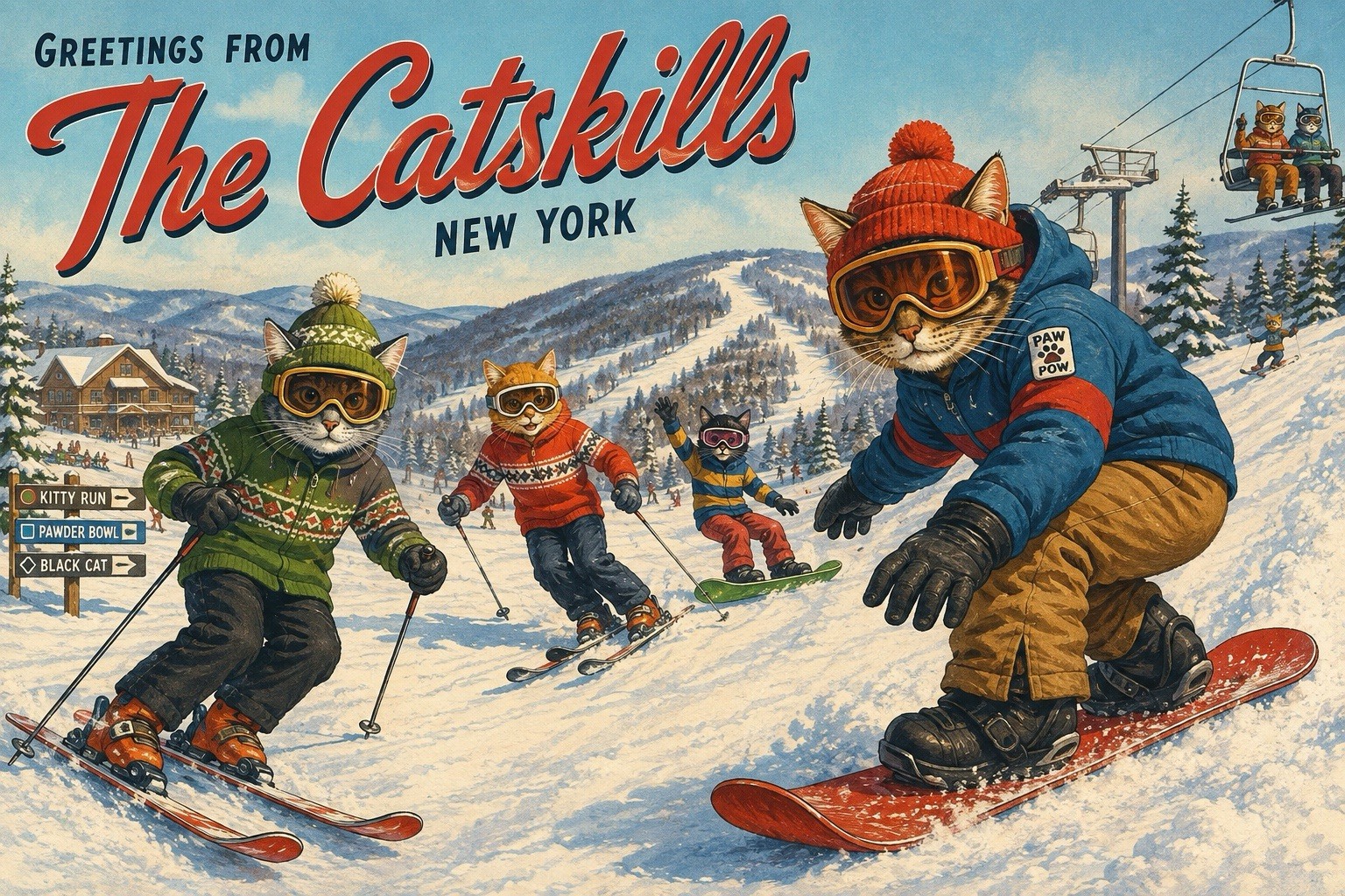 Anthropomorphic Cats Snowboarding Skiing Winter Animals Catskills Postcard E40