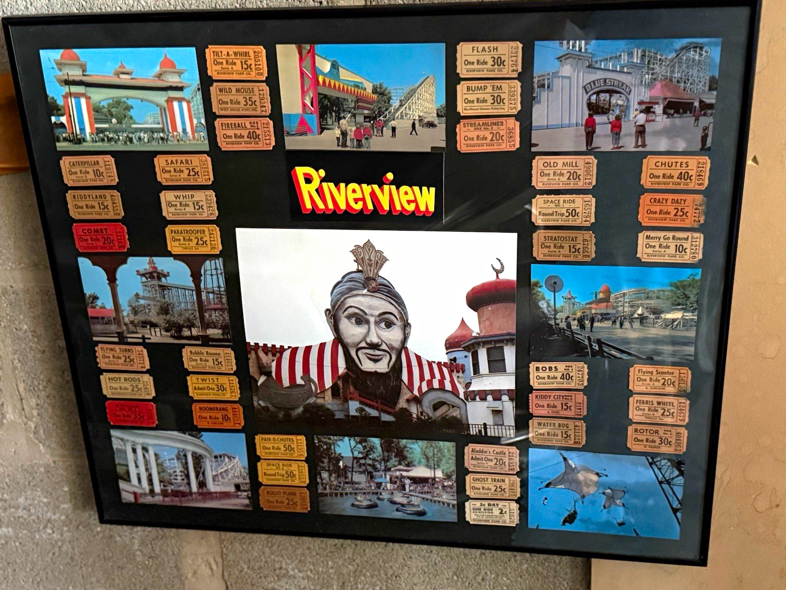 Vintage Chicago Riverview Park Memorabilia Display Ride Tickets & Photos 20x24