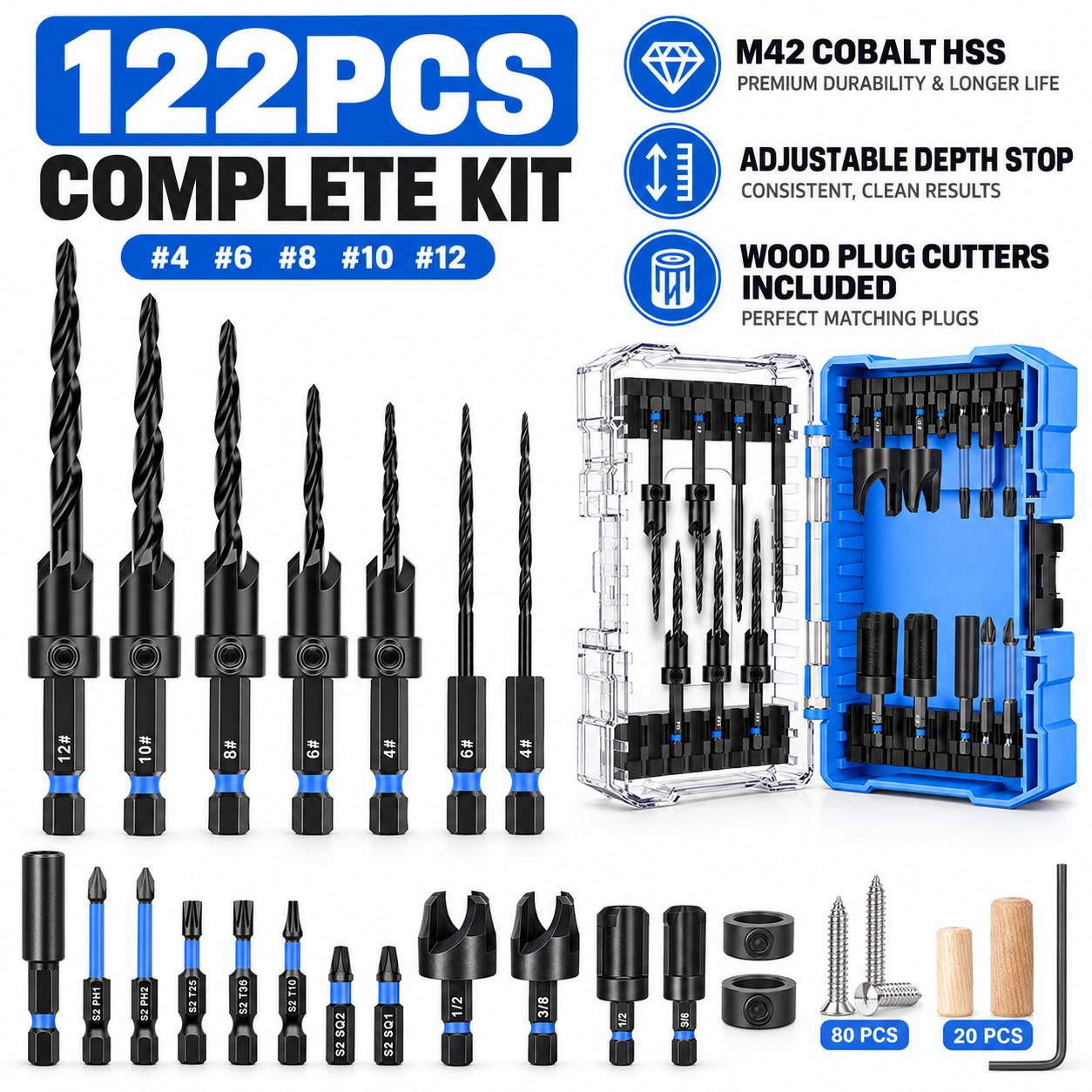122PCS Woodworking Countersink Drill Bit Set M42 Cobalt Plug Cutter Kit 1/4 Hex