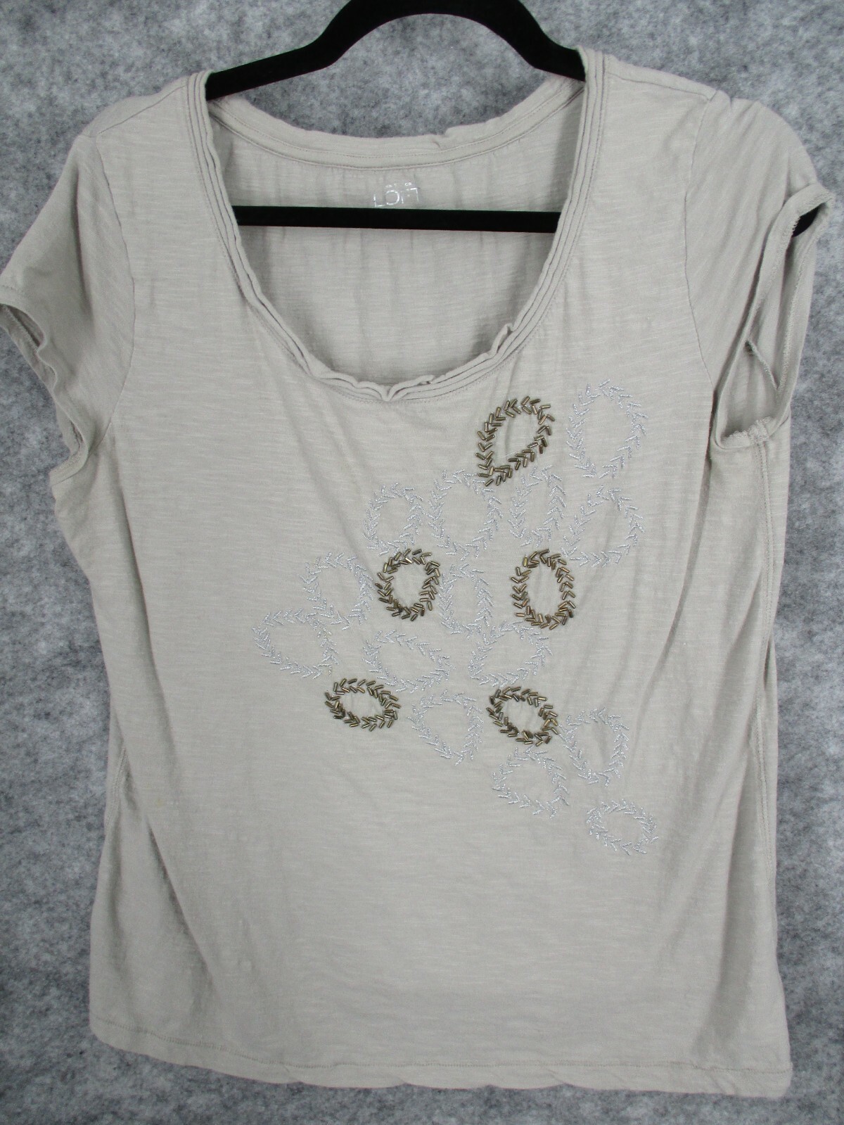 Loft Women\'s Top Large Scoop Embroidered Beaded Metallic Gold Silver Grey