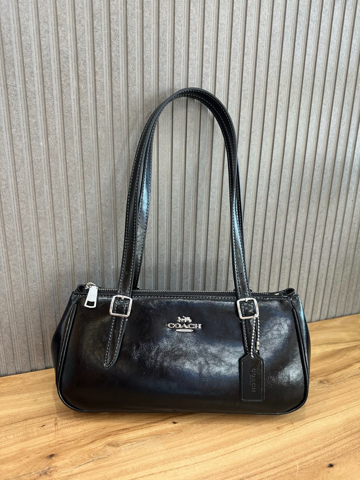 Coach Asher Shoulder Bag CBJ05 Black Glazed Leather Silver Hardware Hobo Handbag