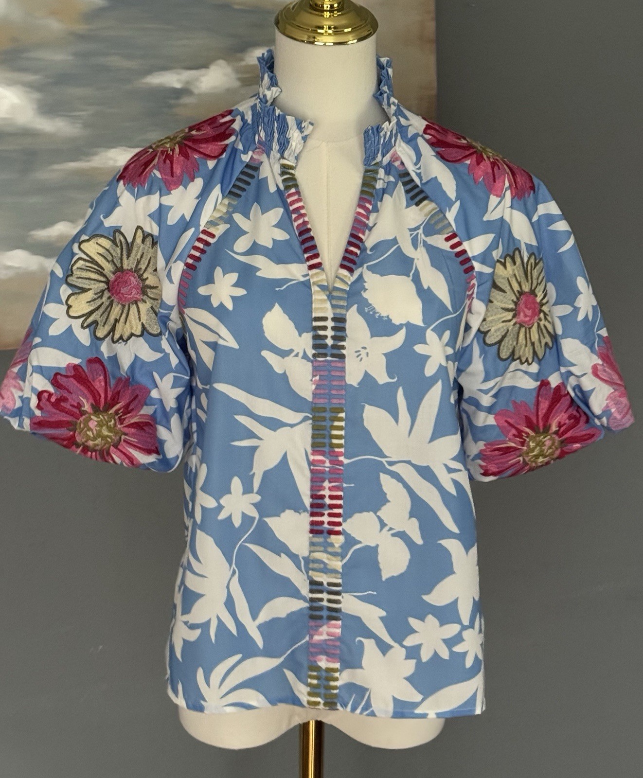 NWOT THML Antropologie Blue Puff Sleeve Embroidered Floral Print Top Size XS