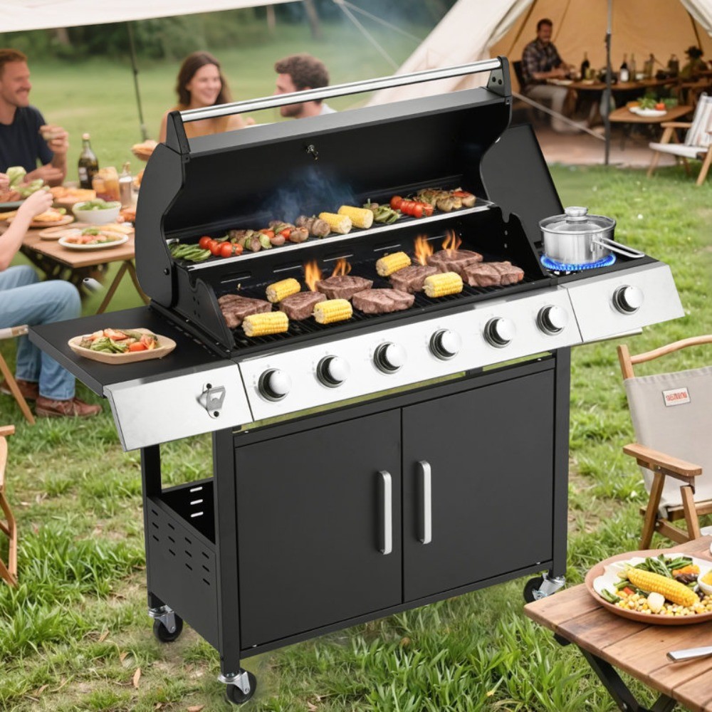 6 Burner Propane Gas Grill 60000 BTU Outdoor BBQ Cooking Side Burner Cast Iron