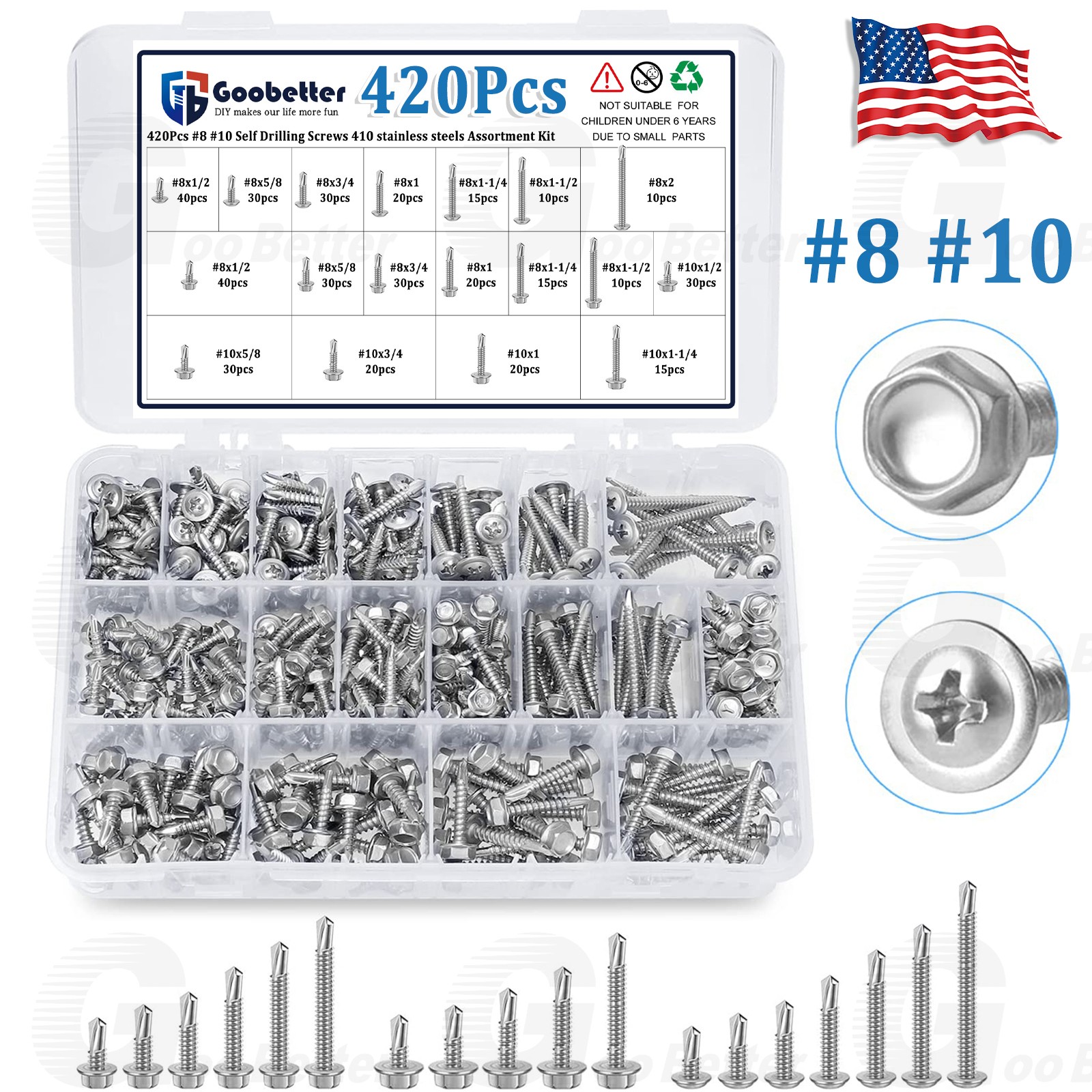 420Pcs #8 #10 Self Tapping/Drilling Metal ScrewsKit Truss Head / Hex Washer Head