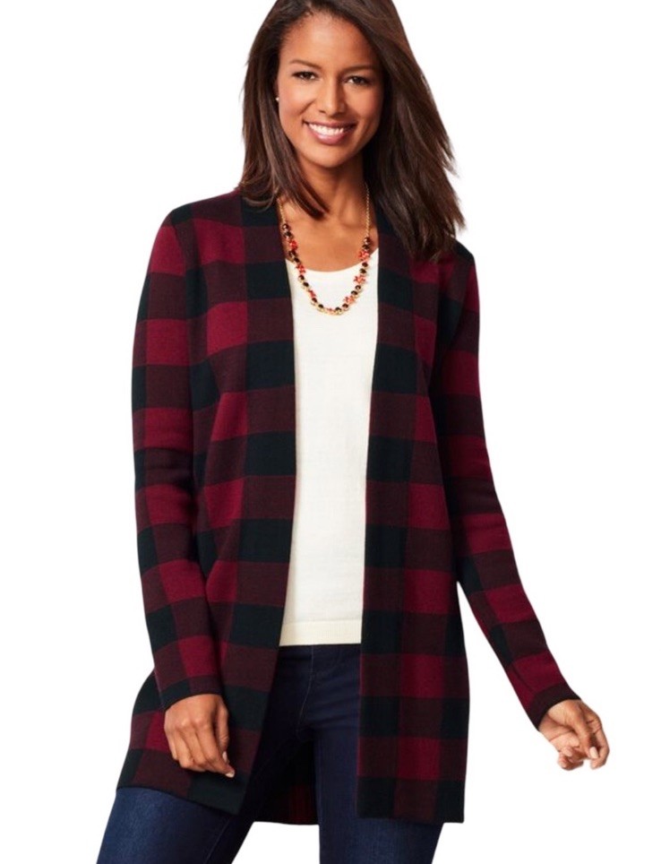 Size L NWT Talbots Buffalo Plaid Open Front Burgundy & Black Wool Cardigan Size L NWT Talbots Buffalo Plaid Open Front Burgundy & Black Wool Cardigan