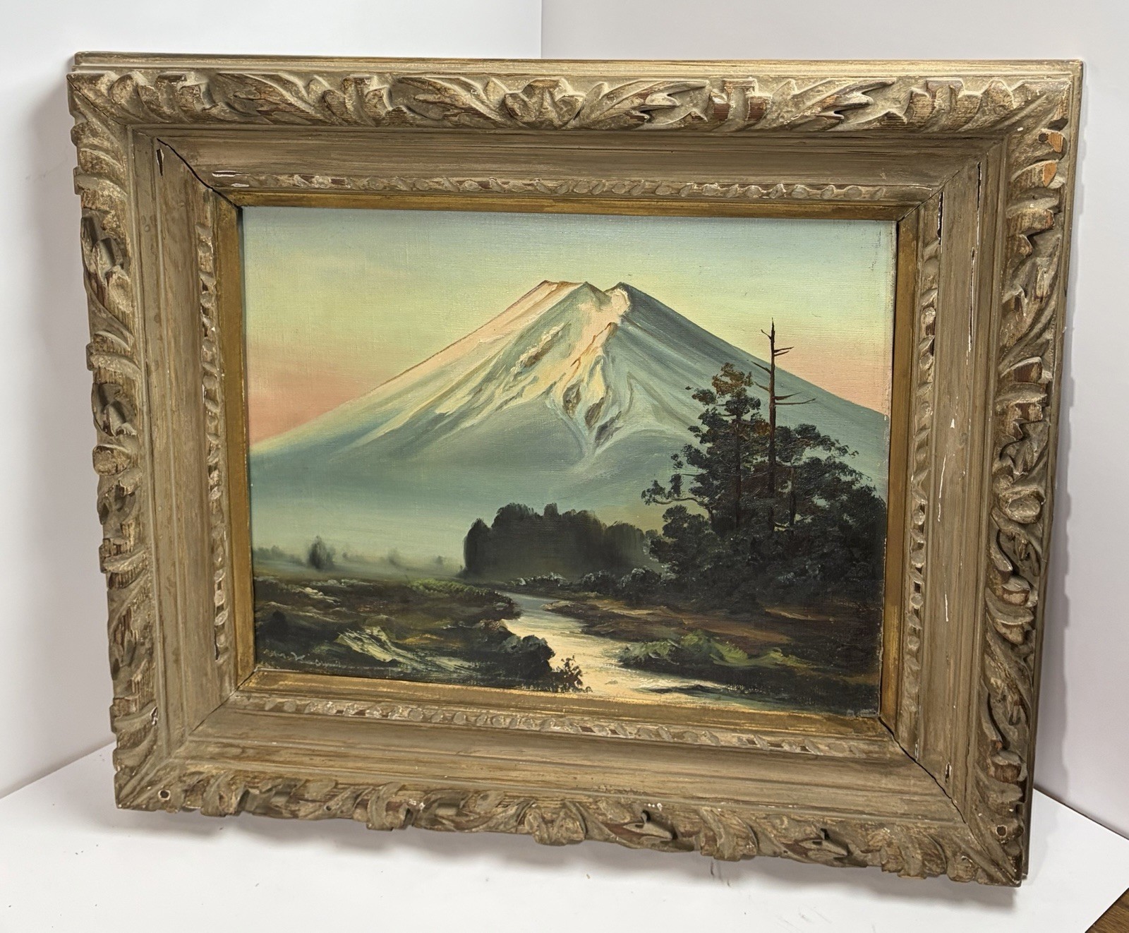 Vintage Japanese Mt Fuji Oil Painting Framed M. Kawano Signed Mid Century Art