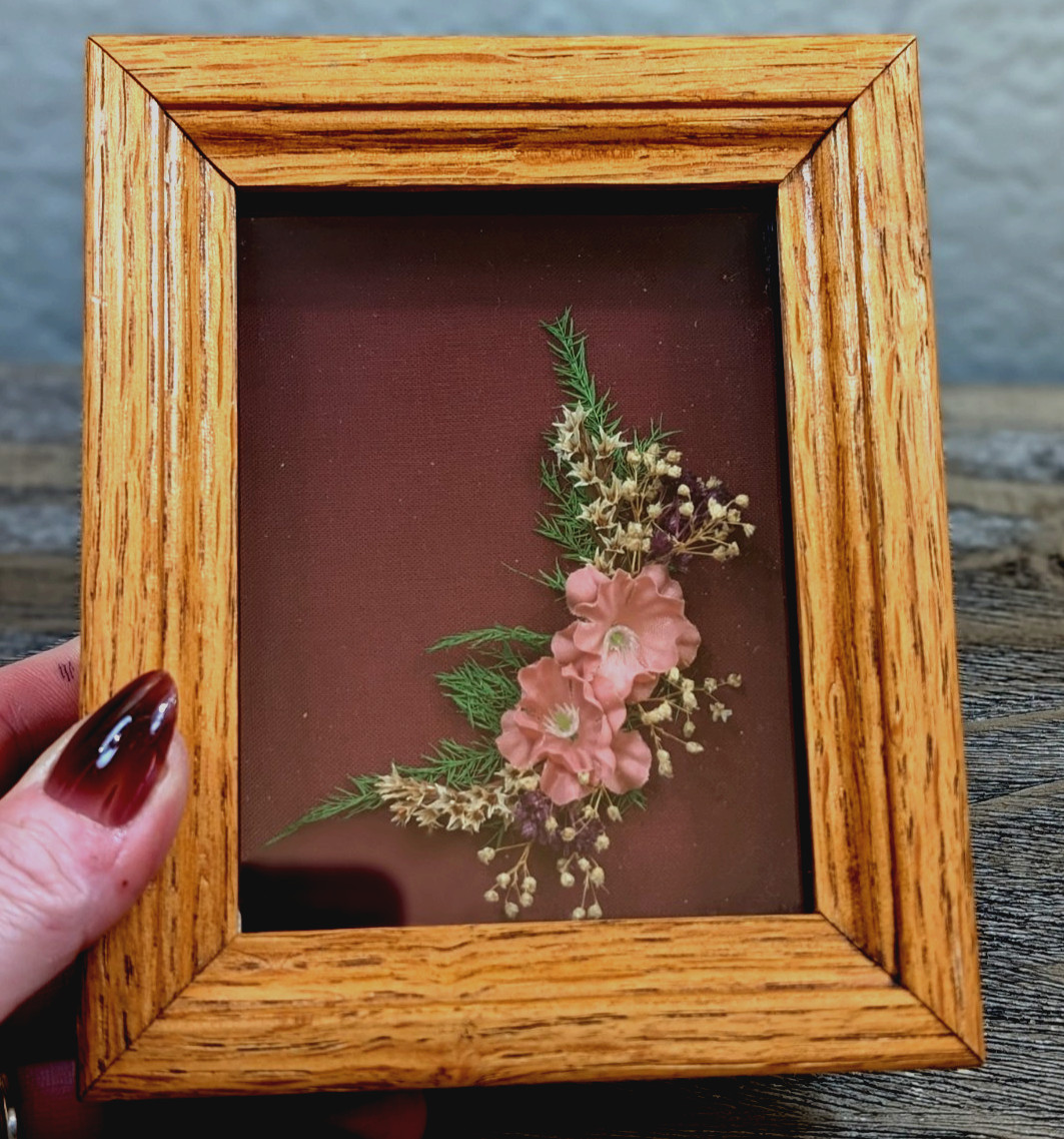 Vintage Barncraft Floral Shadow Box Art 3D Pink Flowers Framed 4x6 Cottagecore