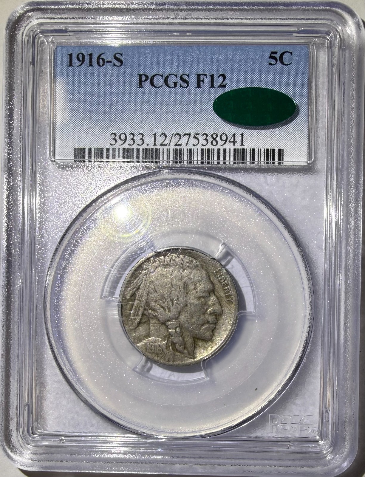 1916-S 5c Buffalo Nickel PCGS F12 CAC Sticker (941)