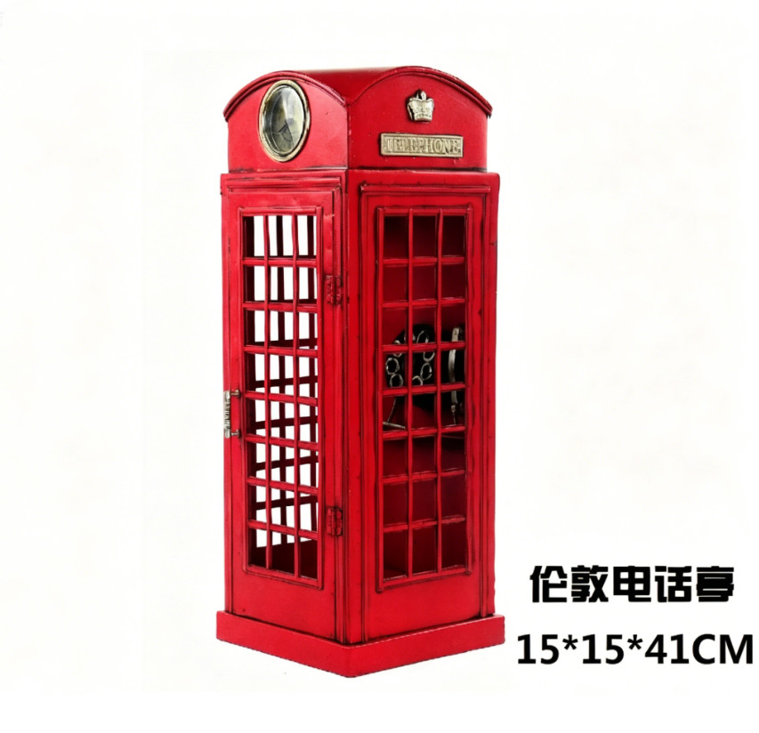41CM Handmade Antique London Telephone Box Booth Tin Metal Reproduction Model