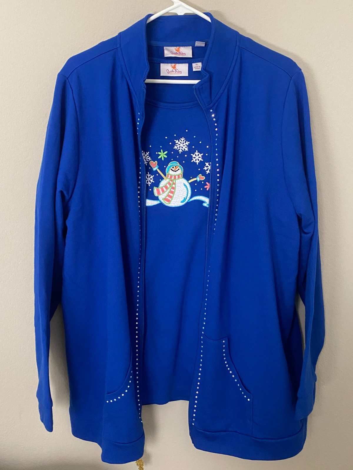 Quacker Factory XL Snowman T-Shirt & Jacket Blue Embroidered Rhinestone Holiday