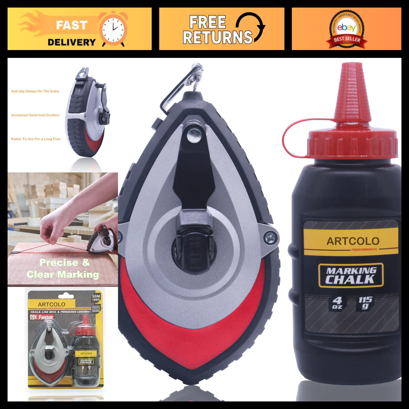 Chalk Reel Kit - 100ft Quick Retrieval Chalk Line, 4oz Red Chalk Powder, Aluminu Chalk Reel Kit - 100ft Quick Retrieval Chalk Line, 4oz Red Chalk Powder, Aluminu