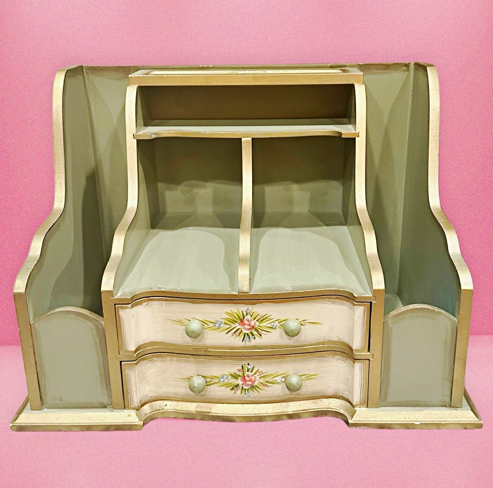 Florentine Vintage Wooden Desk Organizer Toleware Painted Floral Letter Caddy