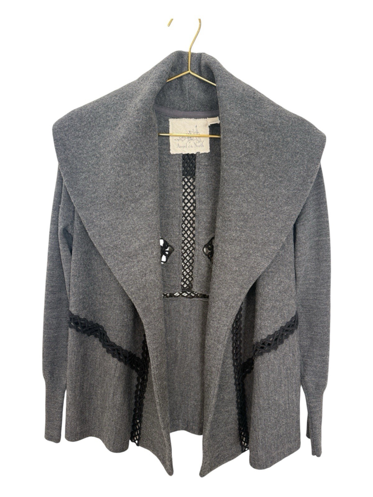 Anthropologie Angel of the North 100% Wool Lace Soutache Draped Cardigan XS Grey