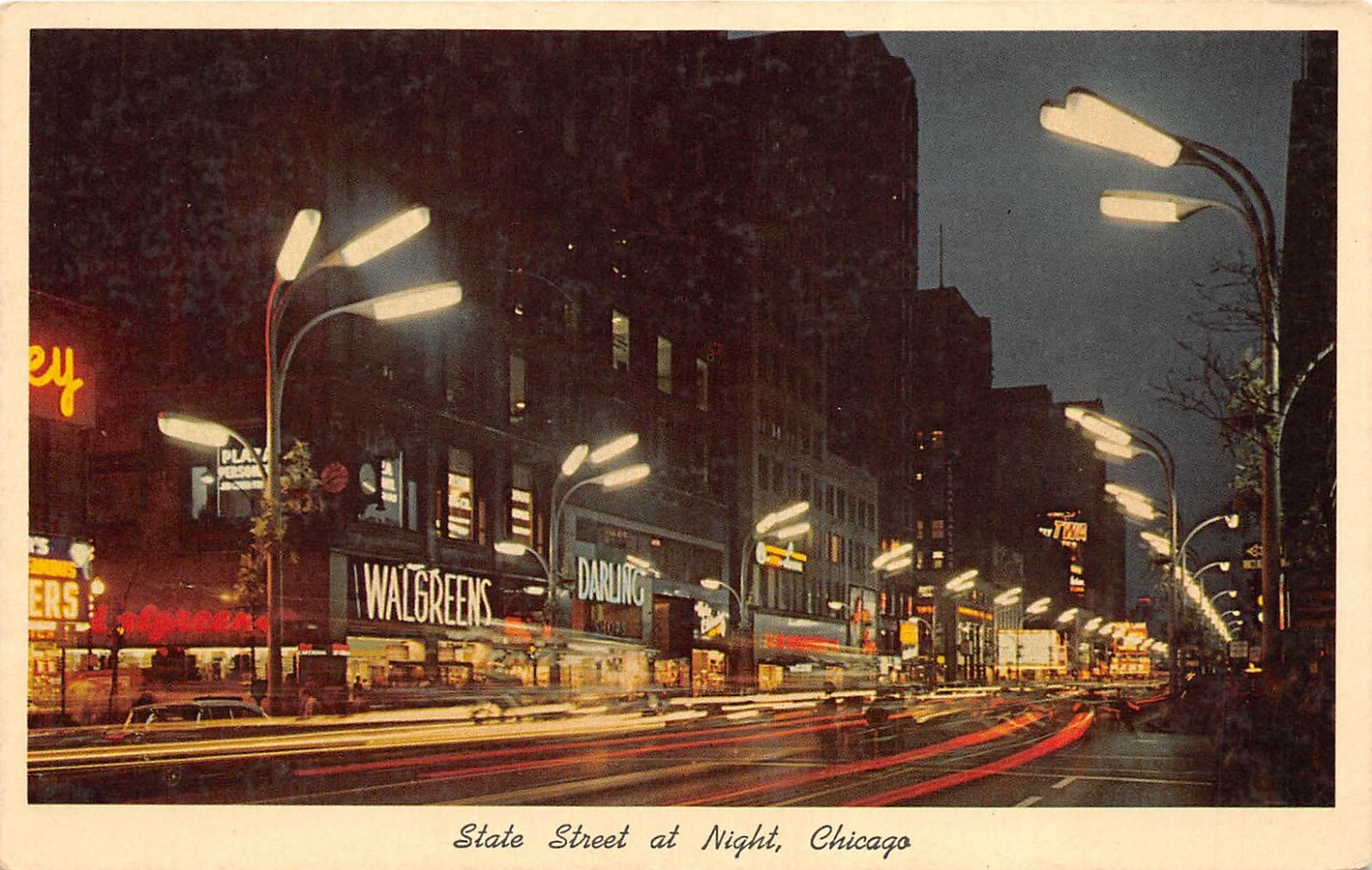 Chicago Illinois 1950-60s Postcard State Street At Night Walgreens Drug Store