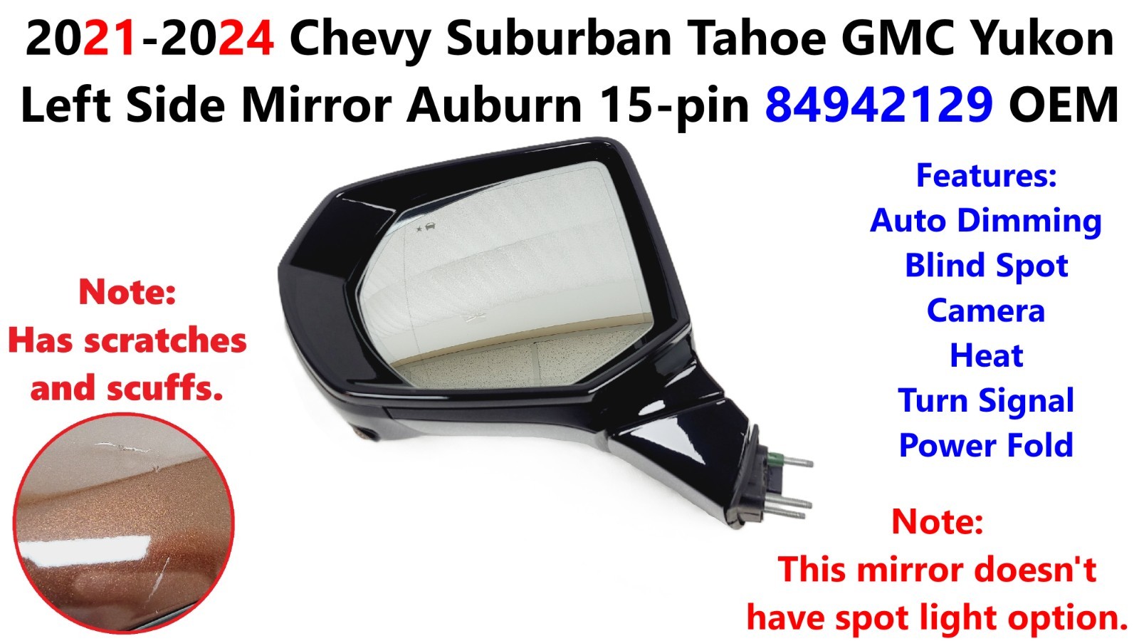 Side Mirror 2021 -24 Chevy Suburban Tahoe GMC Yukon Left Auburn 15-pin 84942129